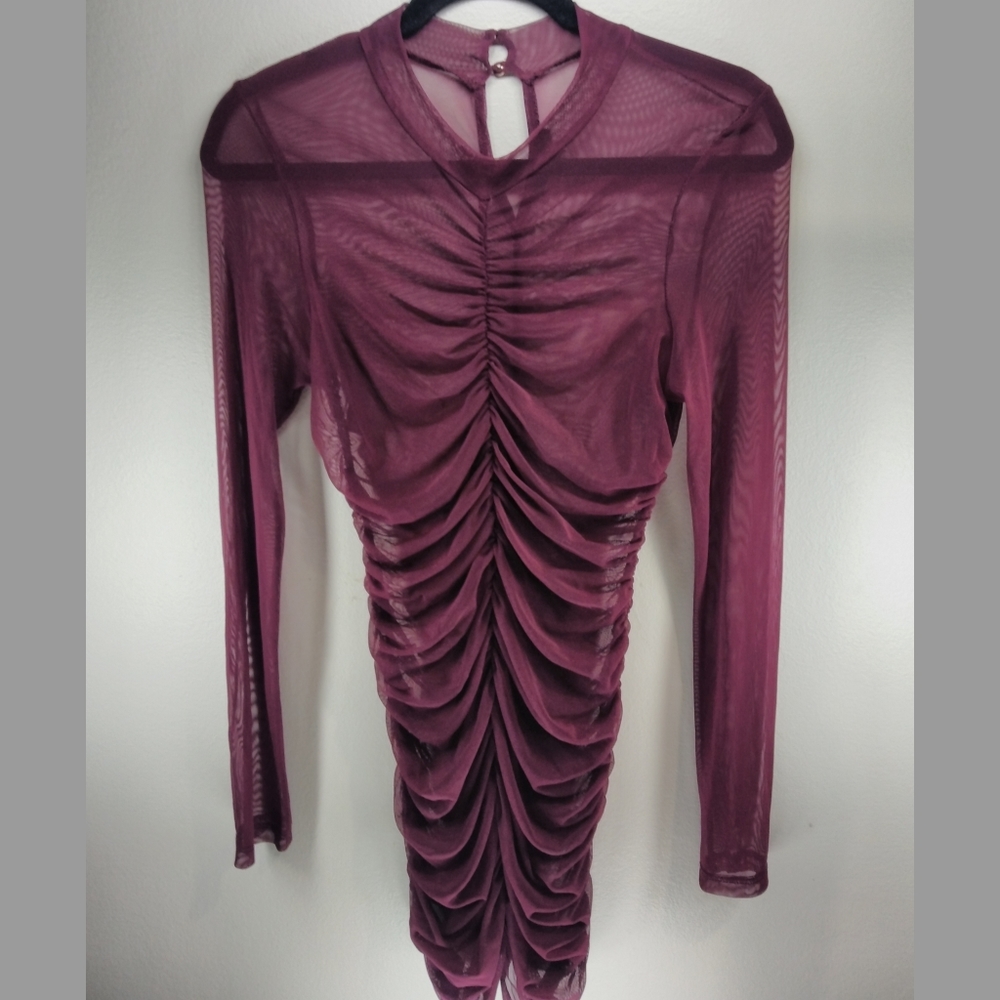 LONG SLEEVE BURGUNDY MESH DRESS